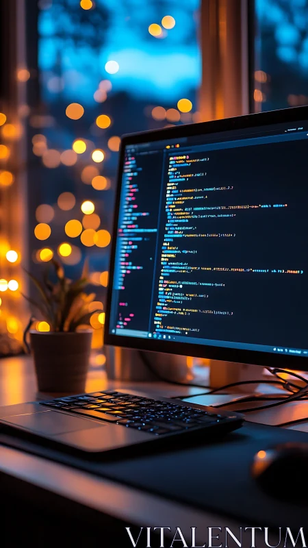 Developer workspace glows with code on a warm evening screen.