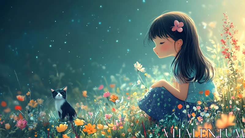 Girl and kitten share a glowing dreamlike meadow moment.