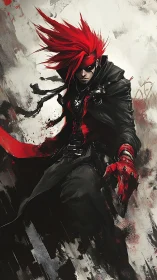 Red haired antihero in black coat amid abstract motion.