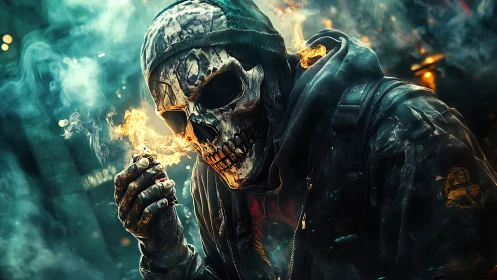 Flaming skull-masked figure advances through neon smoke field