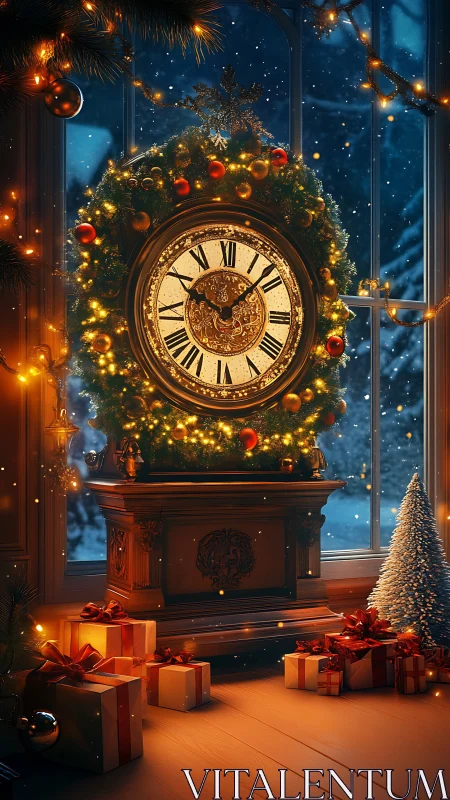 Victorian mantel clock framed by illuminated festive wreath glows
