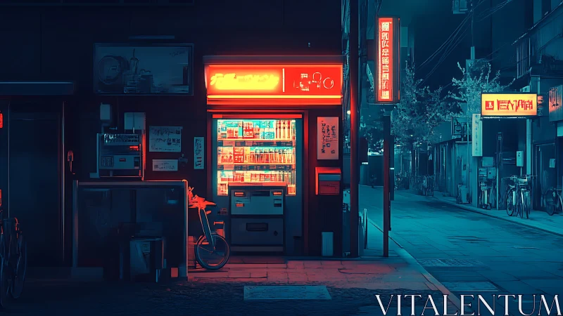 Neon-lit vending machine glows softly in a quiet urban alley