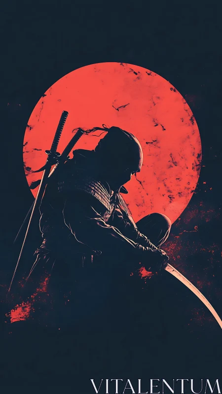 Silhouetted samurai kneels with drawn katana before red sun