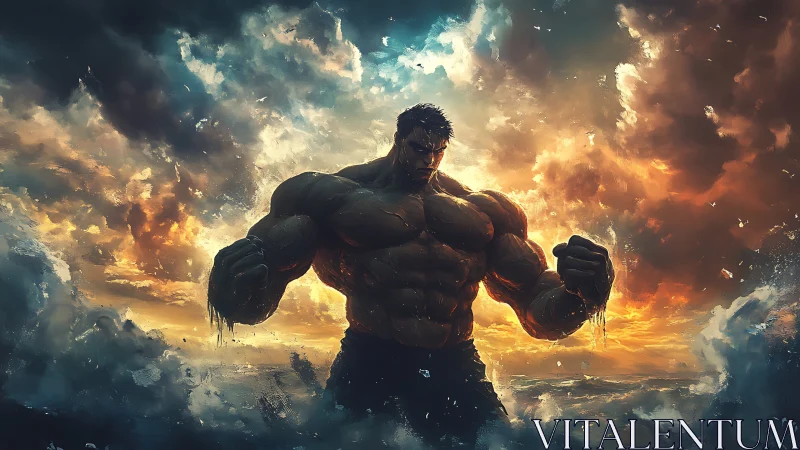 Storm-lit titan rising from crashing waves at sunset.