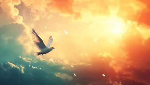White dove soaring against dramatic sunset sky clouds.