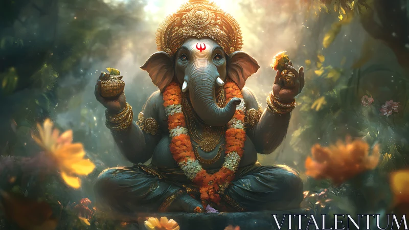 Radiant Lord Ganesha sits in a mystical forest sanctuary.