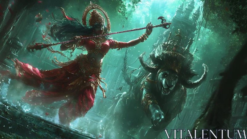 Warrior goddess rides spectral tiger through ruined temple