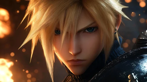 Blond anime warrior glares forward amid defocused sparks