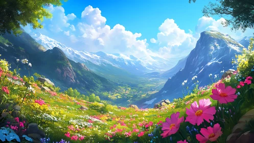 Colorful alpine valley with wildflower meadow and mountains.