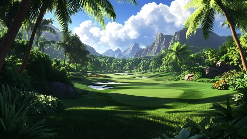 Tropical golf fairway curves through lush palm jungle.