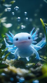 Bioluminescent blue axolotl juvenile in planted aquascape habitat