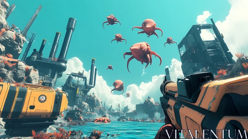 Skyborne alien cephalopods drift above embattled outpost.