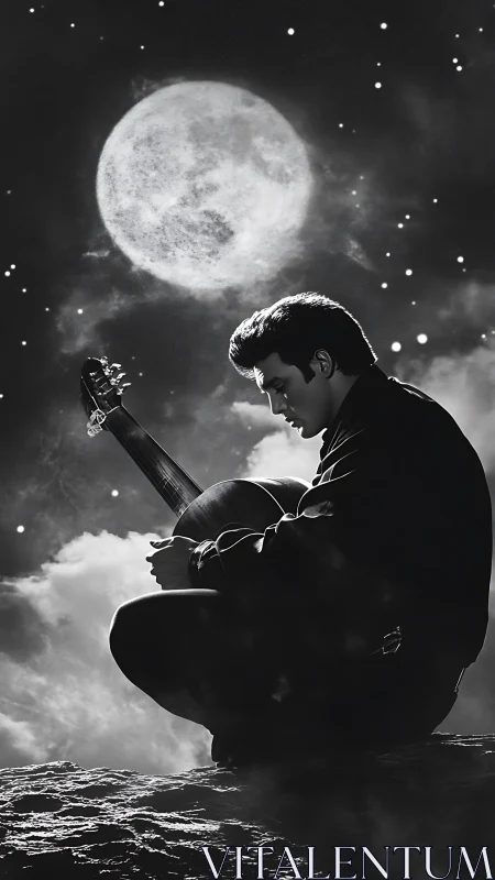 Moody guitarist silhouette under full moon night sky.