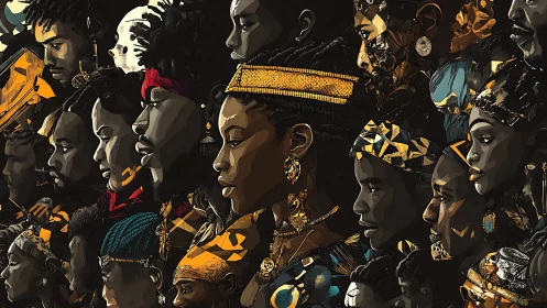 Portrait collage of African faces in vibrant modern abstract style.