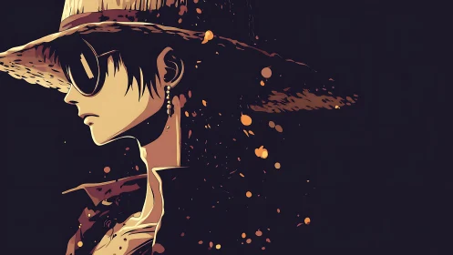 Straw-hatted drifter dissolves into drifting ember dusk