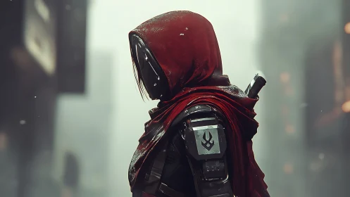 Hooded cyber wanderer crossing a quiet winter cityscape.