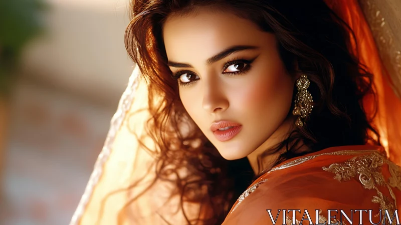 Portrait captures woman in ornate orange sari with luminous gaze