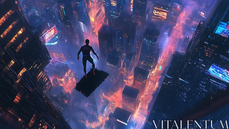 Silhouette on hovering platform above neon cyberpunk city.