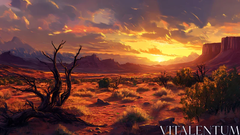 Fiery desert sunset washes rugged canyon in golden light.