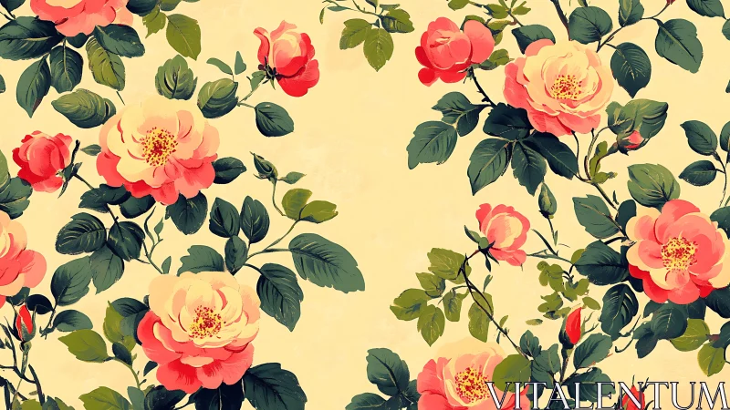 Botanical rose lattice on pale ground with stylized shading.