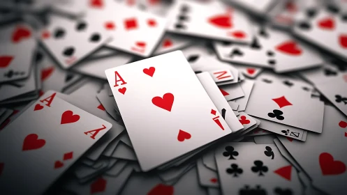 Ace of hearts focal card amid probabilistic deck chaos.