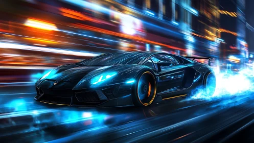 Hyper-real neon supercar accelerates through futuristic city streets