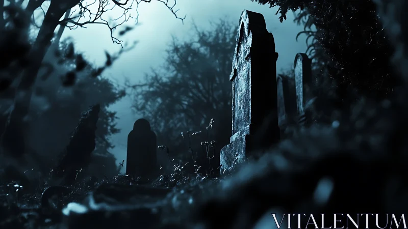 Low-angle nocturnal graveyard scene in moody photorealism.