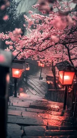 Rainy stone stairway under cherry blossoms with lantern light.