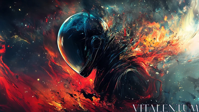 Astronaut silhouette dissolving in abstract cosmic firestorm.