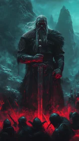 Colossal warlord with runic greatsword amid crimson battlefield.