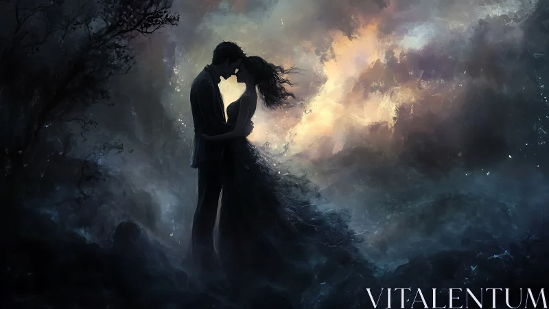 Two figures silhouetted against luminous atmospheric background