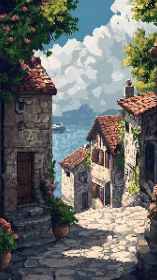 Sunlit coastal alley drops toward bright azure harbor