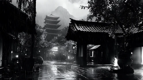 Monochrome temple courtyard in rainfall with distant pagoda.
