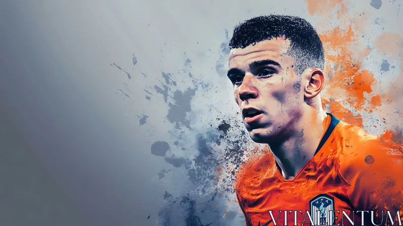 Male footballer portrait rendered with dynamic paint splashes