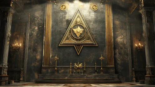Golden occult triangle altar inside grand ruined hall.