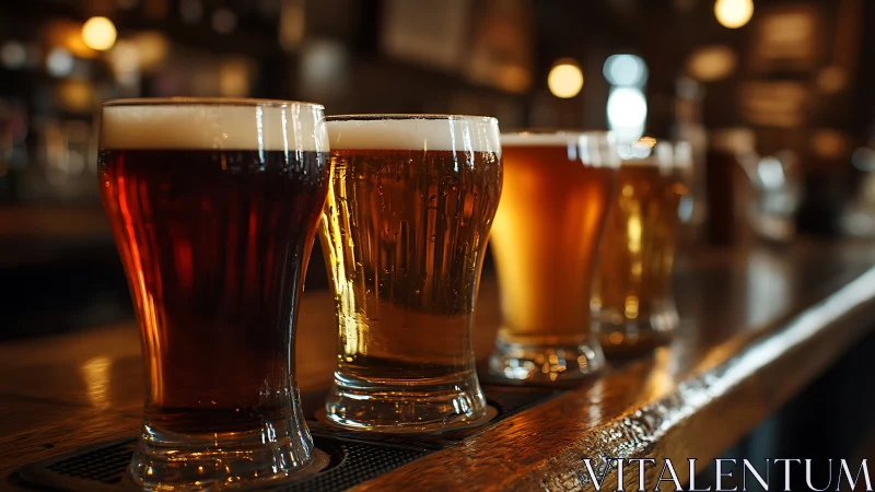 Draft beer flight on rustic bar counter with shallow focus.