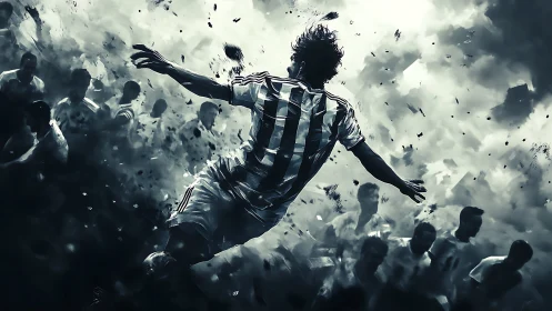 Soccer player dives midair through swirling monochrome crowd