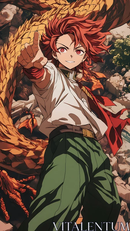 Fiery red haired hero reaching forward with a golden dragon.