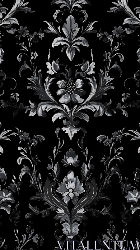 Baroque floral damask pattern in monochrome silver tones.