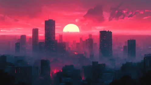 Crimson city skyline under colossal neon sunset glow.