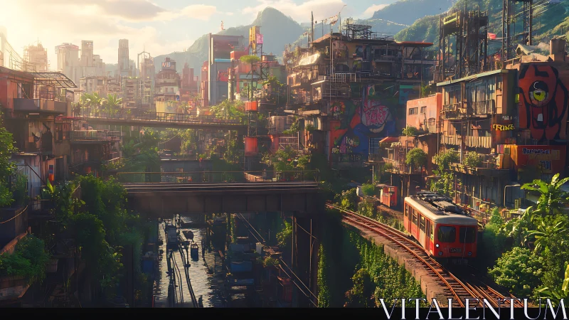 Tropical urban rail corridor through dense graffiti high-rises.