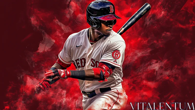 Red Sox batter readies swing amid explosive red backdrop.
