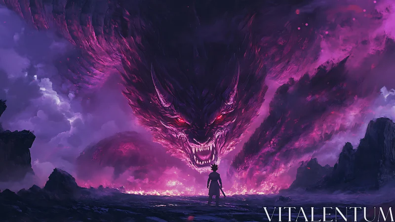 Lone warrior confronts colossal violet demon in stormy sky.