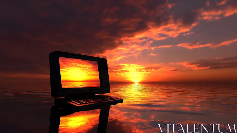 Computer monitor on water reflecting vivid red sunset sky.