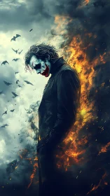 Brooding trickster framed by swirling fire and stormy sky.