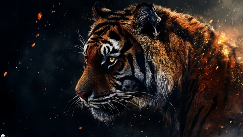 Tiger profile is rendered with high contrast lighting and sparks