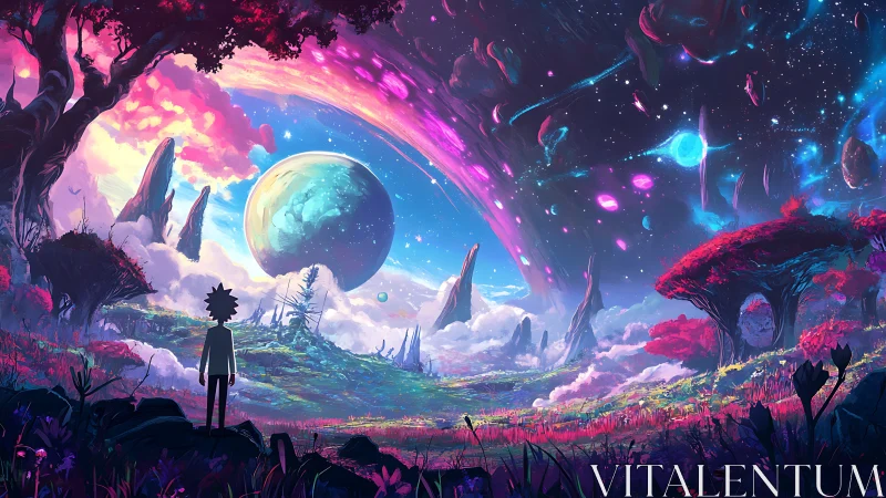 Lone explorer under cosmic sky on vibrant alien world.