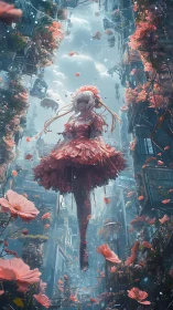 Aerial floral android amid vertical neo-urban canyonscape.