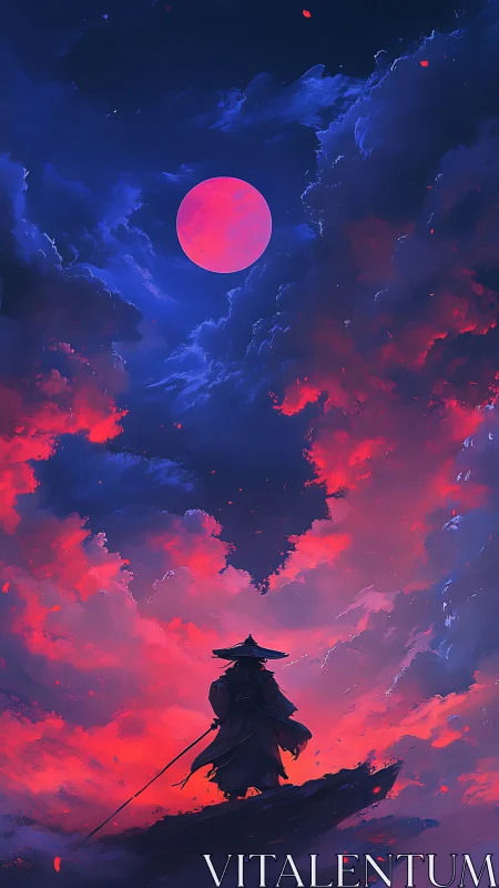Lone swordsman silhouette under crimson moon and nebular sky