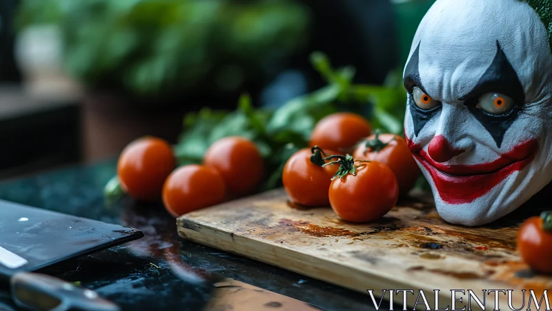 Sinister clown head watches bright tomatoes on chopping board.